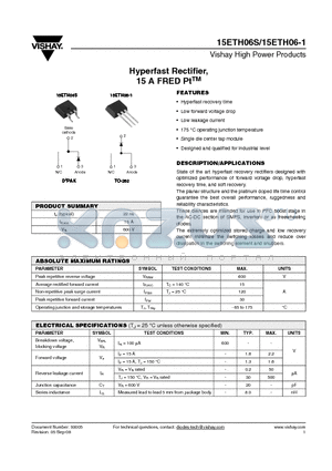 15ETH06-1 datasheet - Hyperfast Rectifier, 15 A FRED PtTM