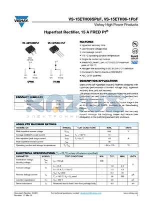 15ETH06-1TRLPBF datasheet - Hyperfast Rectifier, 15 A FRED Pt