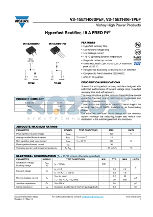 15ETH06-1PBF datasheet - Hyperfast Rectifier, 15 A FRED Pt