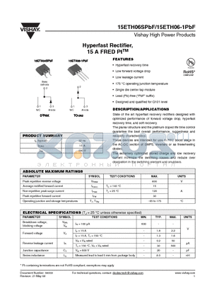 15ETH06-1TRRPBF datasheet - Hyperfast Rectifier, 15 A FRED PtTM