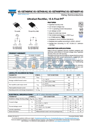 15ETH06FP-N3 datasheet - Ultrafast Rectifier, 15 A Fred Pt^