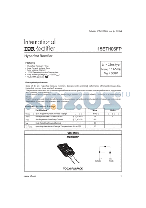 15ETH06FP datasheet - Hyperfast Rectifier