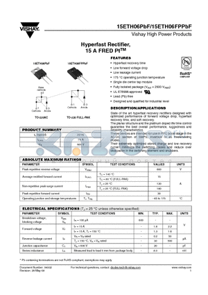 15ETH06PBF datasheet - Hyperfast Rectifier, 15 A FRED PtTM