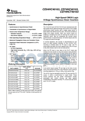 CD74HC40103MT datasheet - High-Speed CMOS Logic 8-Stage Synchronous Down Counters