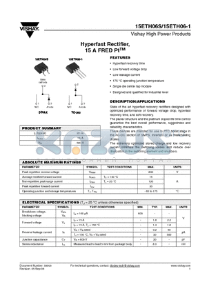 15ETH06STRR datasheet - Hyperfast Rectifier, 15 A FRED PtTM