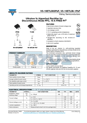 15ETL06-1PBF datasheet - Ultralow VF Hyperfast Rectifier for Discontinuous Mode PFC, 15 A FRED Pt