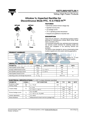 15ETL06-1TRR datasheet - Ultralow VF Hyperfast Rectifier for Discontinuous Mode PFC, 15 A FRED PtTM