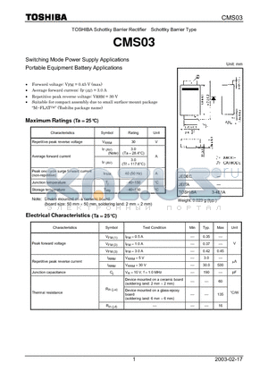 CMS03 datasheet - TOSHIBA Schottky Barrier Rectifier Schottky Barrier Type