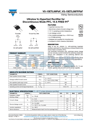 15ETL06FPPBF datasheet - Ultralow VF Hyperfast Rectifier for Discontinuous Mode PFC, 15 A FRED Pt
