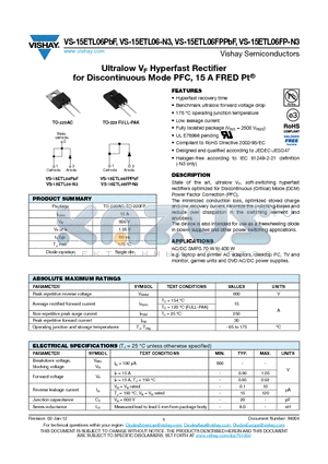 15ETL06FPPBF datasheet - Ultralow VF Hyperfast Rectifier for Discontinuous Mode PFC, 15 A FRED Pt^