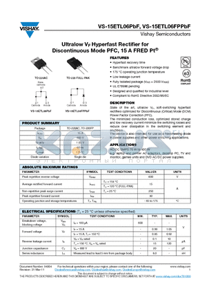 15ETL06PBF datasheet - Ultralow VF Hyperfast Rectifier for Discontinuous Mode PFC, 15 A FRED Pt