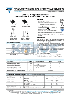 15ETL06PBF datasheet - Ultralow VF Hyperfast Rectifier for Discontinuous Mode PFC, 15 A FRED Pt^