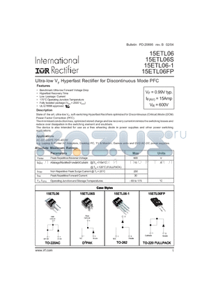 15ETL06S datasheet - Ultra-low VF Hyperfast Rectifier for Discontinuous Mode PFC
