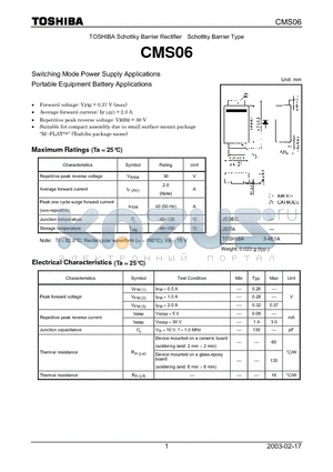 CMS06 datasheet - TOSHIBA Schottky Barrier Rectifier Schottky Barrier Type