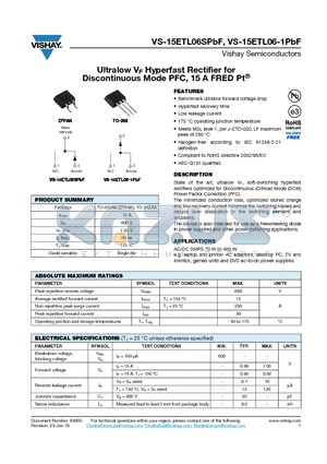 15ETL06SPBF datasheet - Ultralow VF Hyperfast Rectifier for Discontinuous Mode PFC, 15 A FRED Pt