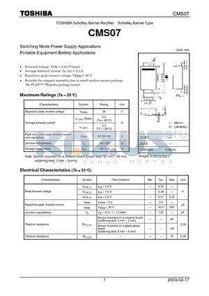 CMS07 datasheet - Switching Mode Power Supply Applications Portable Equipment Battery Applications