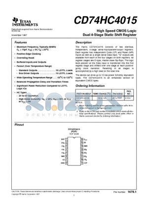 CD74HC4015E datasheet - High Speed CMOS Logic Dual 4-Stage Static Shift Register