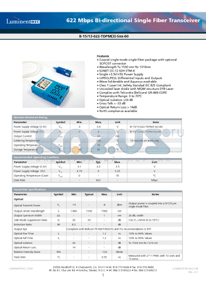 B-13-622-TDPM-SSC-60G5 datasheet - 622 Mbps Bi-directional Single Fiber Transceiver