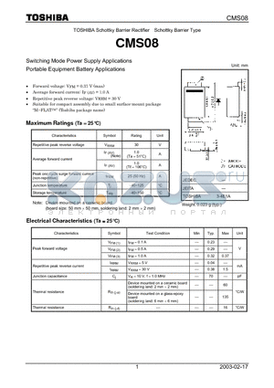 CMS08 datasheet - TOSHIBA Schottky Barrier Rectifier Schottky Barrier Type