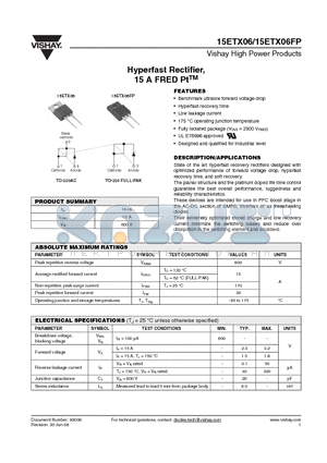 15ETX06 datasheet - Hyperfast Rectifier, 15 A FRED PtTM