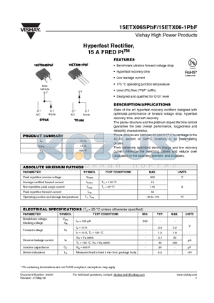15ETX06-1TRLPBF datasheet - Hyperfast Rectifier, 15 A FRED PtTM