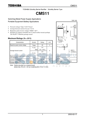 CMS11 datasheet - TOSHIBA Schottky Barrier Rectifier Schottky Barrier Type