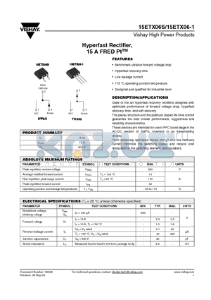 15ETX06-1 datasheet - Hyperfast Rectifier, 15 A FRED PtTM