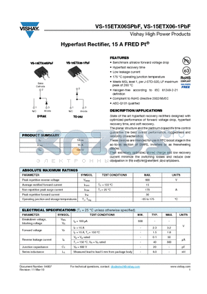 15ETX06-1TRLPBF datasheet - Hyperfast Rectifier, 15 A FRED Pt