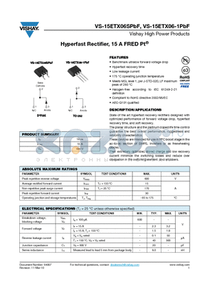 15ETX06-1PBF datasheet - Hyperfast Rectifier, 15 A FRED Pt