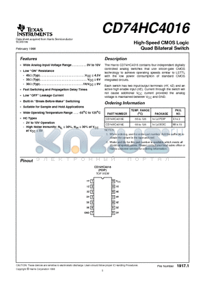 CD74HC4016E datasheet - High-Speed CMOS Logic Quad Bilateral Switch