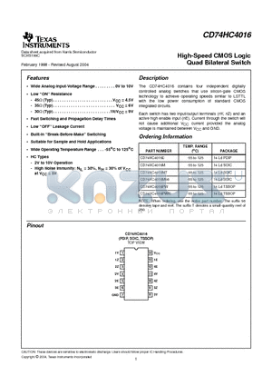 CD74HC4016_07 datasheet - High-Speed CMOS Logic Quad Bilateral Switch