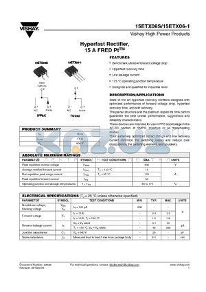 15ETX06-1TRR datasheet - Hyperfast Rectifier, 15 A FRED PtTM