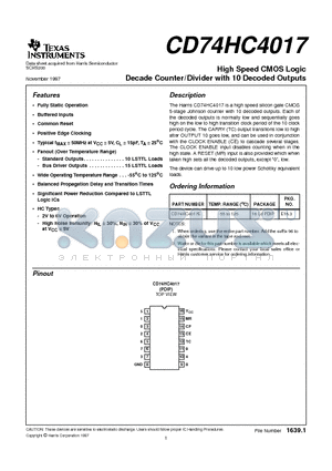 CD74HC4017 datasheet - High Speed CMOS Logic Decade Counter/Divider with 10 Decoded Outputs