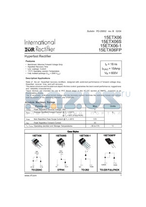 15ETX06-1 datasheet - Hyperfast Rectifier