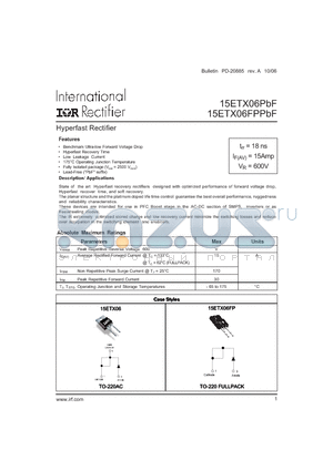 15ETX06FP datasheet - Hyperfast Rectifier