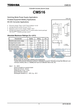 CMS16 datasheet - Switching Mode Power Supply Applications Portable Equipment Battery Applications DC-DC Converter Applications