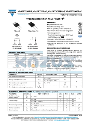 15ETX06FP-N3 datasheet - Hyperfast Rectifier, 15 A FRED Pt^