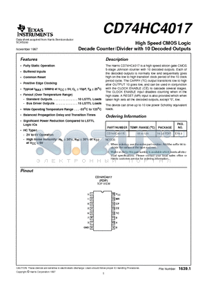 CD74HC4017E datasheet - High Speed CMOS Logic Decade Counter/Divider with 10 Decoded Outputs