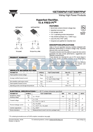 15ETX06PBF datasheet - Hyperfast Rectifier, 15 A FRED PtTM