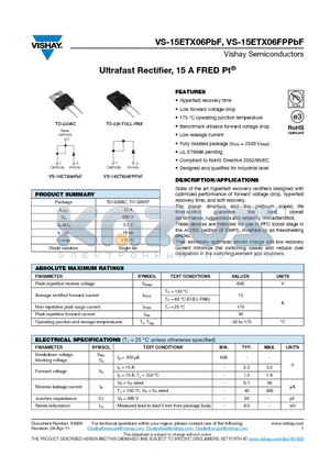 15ETX06PBF datasheet - Ultrafast Rectifier, 15 A FRED Pt