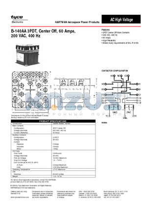 B-140AA datasheet - B-140AA 3PDT, Center Off, 60 Amps,200 VAC, 400 Hz