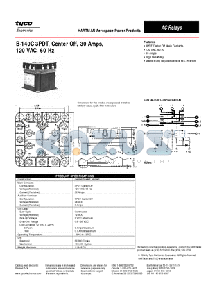 B-140C datasheet - B-140C 3PDT, Center Off, 30 Amps, 120 VAC, 60 Hz