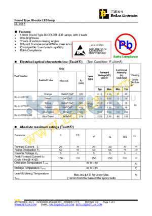 BL-L517UEUGW datasheet - Round Type, Bi-color LED lamp