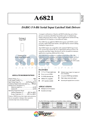 A6821SLW-T datasheet - DABiC-5 8-Bit Serial Input Latched Sink Drivers