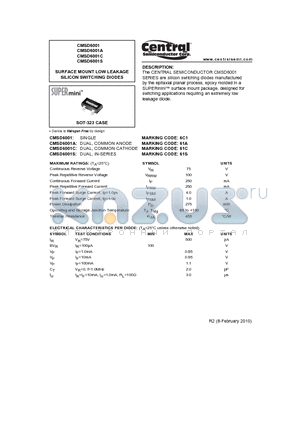 CMSD6001 datasheet - SURFACE MOUNT LOW LEAKAGE SILICON SWITCHING DIODES
