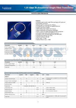 B-15-1250-TPM-S datasheet - 1.25 Gbps Bi-directional Single Fiber Transceiver