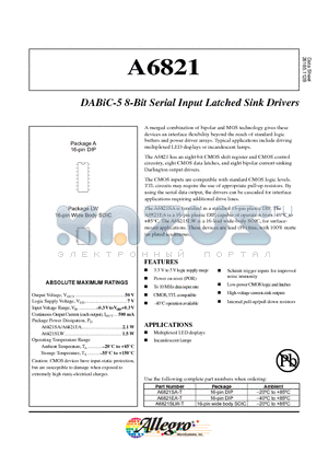 A6821SA-T datasheet - DABiC-5 8-Bit Serial Input Latched Sink Drivers