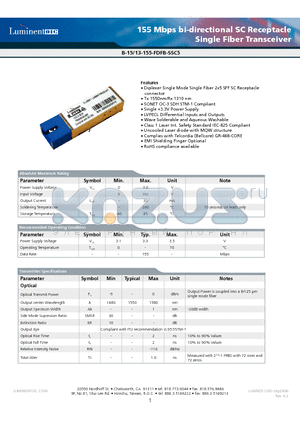 B-15-13-155-FDFB-SSC5S-G5 datasheet - 155 Mbps bi-directional SC Receptacle Single Fiber Transceiver