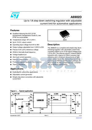 A6902D13TR datasheet - Up to 1A step down switching regulator with adjustable current limit for automotive applications