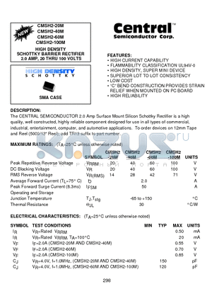 CMSH2-100M datasheet - HIGH DENSITY SCHOTTKY BARRIER RECTIFIER 2.0 AMP, 20 THRU 100 VOLTS